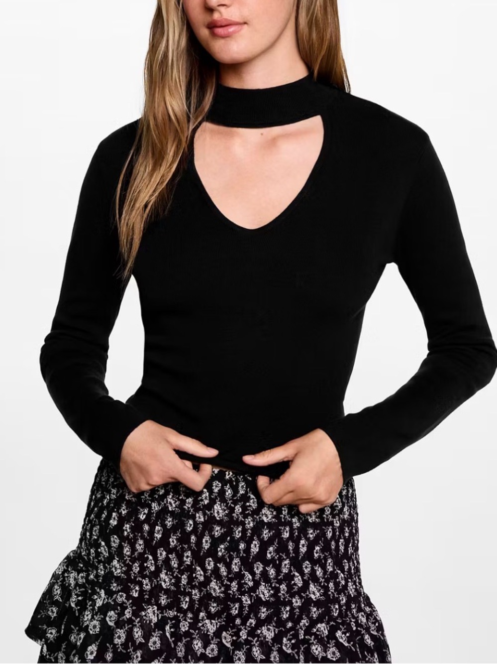 Mango Black Cutout Mock Neck Ribbed Sweater